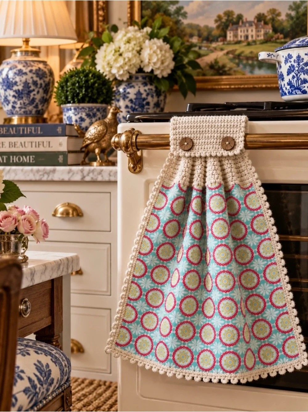Pioneer Woman Aqua Medallion Crochet Hanging Kitchen Towel
